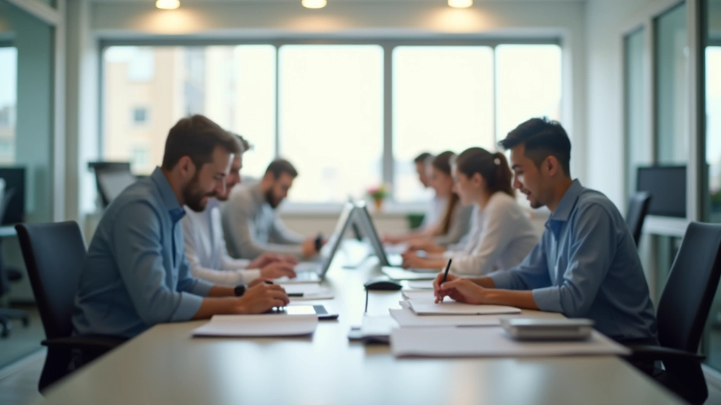 Equipo de expertos financieros en oficina moderna discutiendo estrategias con gráficos en pared