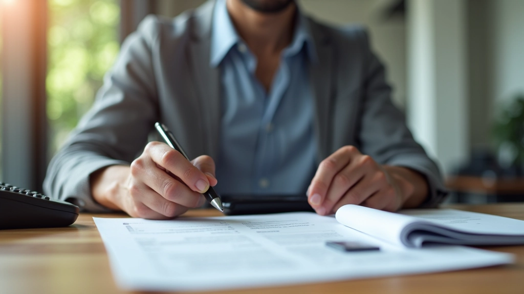 Persona trabajando con calculadora y documentos financieros en escritorio